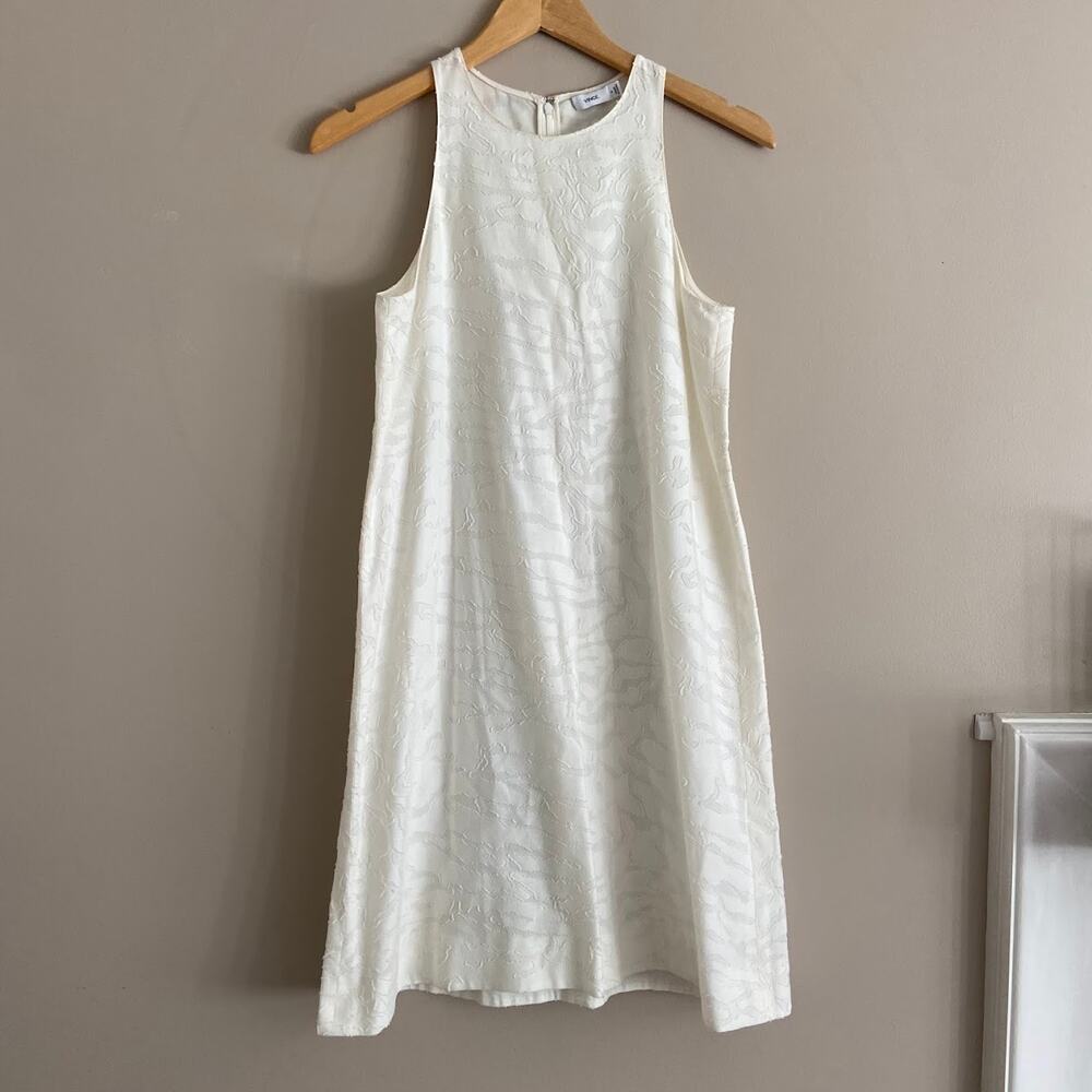 VINCE Burnout Sleeveless Jacquard Ivory White Cotton Silk Blend Trapeze Dress 4 - Picture 2 of 8